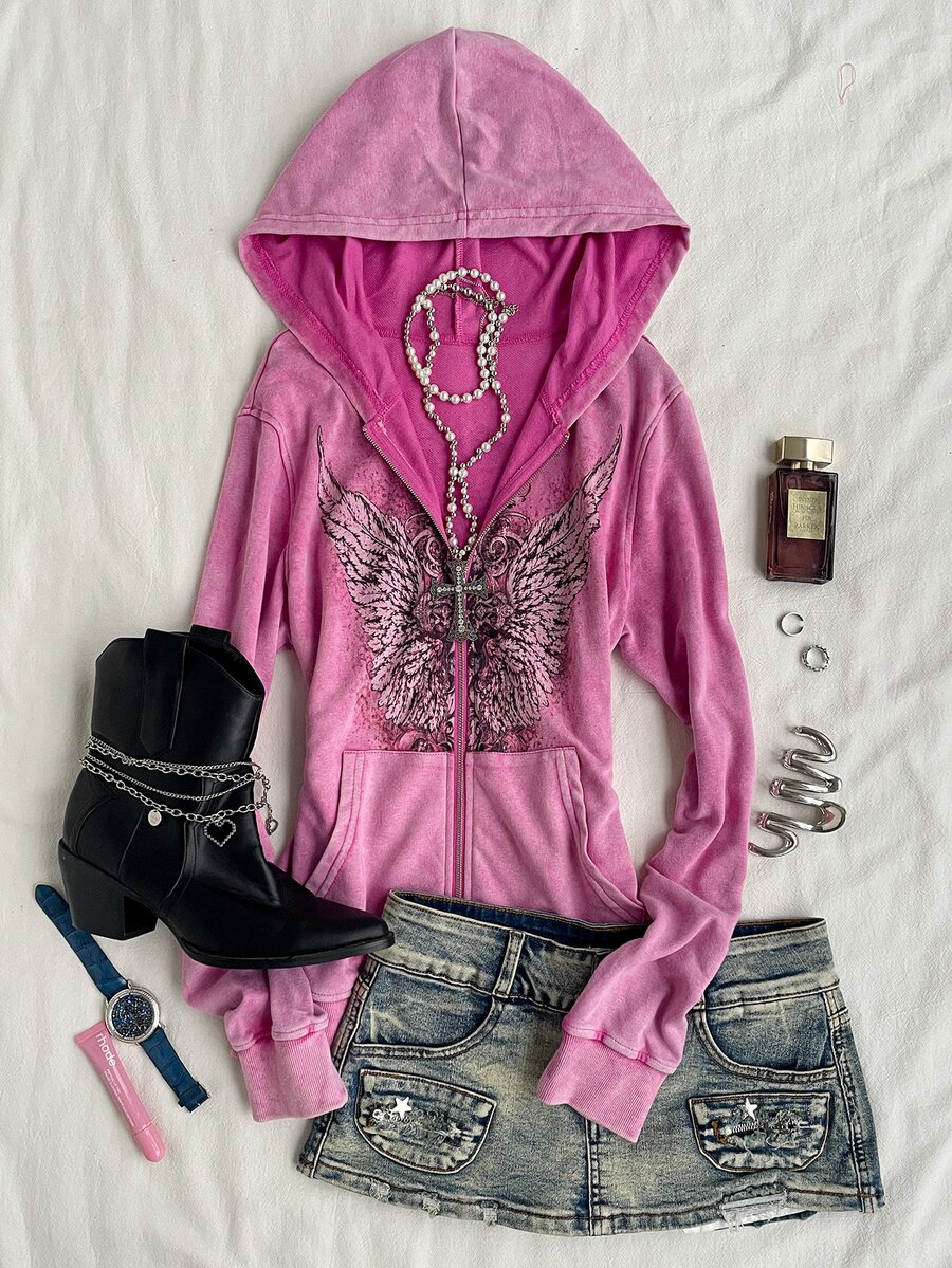 Attitoon Casual Street Style Deep Purple Red Snowflake & Wing Graphic Women's Long Sleeve Sweatshirt, Suitable For Autumn/Winter, Y2K - Red Violet - View 1