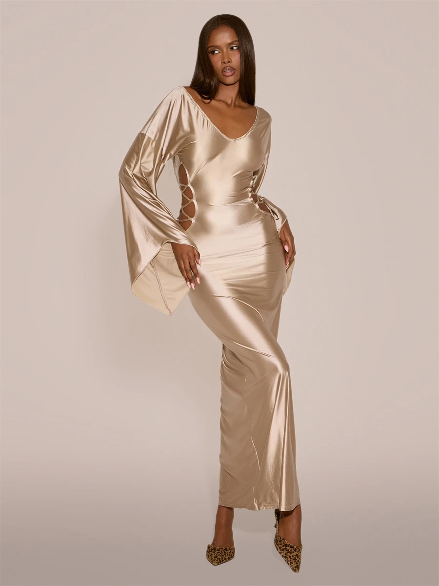 MUSERA Off The Shoulder Fitted Waist Cutout Detail Maxi Length Dress Sexy Evening Night Going Out Fall Winter Autumn Solitude - Khaki - View 1