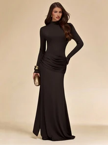 SHEIN BAE فستان ماكسي أنيق من الصوف المحبوك بقصة ضيقة وياقة وهمية وشريط، أكمام طويلة، بلون أخضر زيتوني سادة، للخريف/الشتاء - قهوة بني - مشاهدة 5