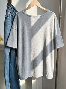 Muchica 淺灰色大尺碼服飾，做舊巧克力棕色醋酸纖維面料，寬鬆短袖小V領大尺碼T恤，棉質，春夏款 - 淺灰色 - 查看 2