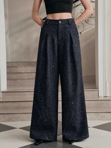 Anewsta Women's Autumn/Winter Modern Versatile Commute Metallic Thread Tweed High Waist Metal Buckle Draped Wide Leg Pants - Navy Blue - View 5