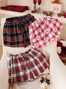 Comfortcana Women's Drawstring Plaid Print Shorts 3pcs Set - Multicolor - View 4