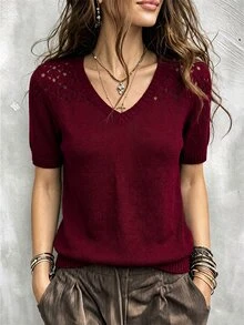 SHEIN Franclia ملابس علوية نسائية محبوكة نصف شفافة بأكمام قصيرة - عنابي اللون - مشاهدة 3