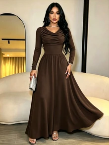 SHEIN Elenzya فستان ميدي ضيق بأكمام طويلة للنساء - بني - مشاهدة 5