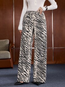 Anewsta Women's Street Zebra Print Straight Leg Pocket Denim Jeans - Black and White - View 6