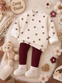 Baby Girls Versatile Cute Sweet Mini Cartoon Floral Pattern Crew Neck Sweatshirt & Brushed Leggings Set, Autumn/Winter Daily, Holiday, Christmas Outfit - Multicolor - View 1