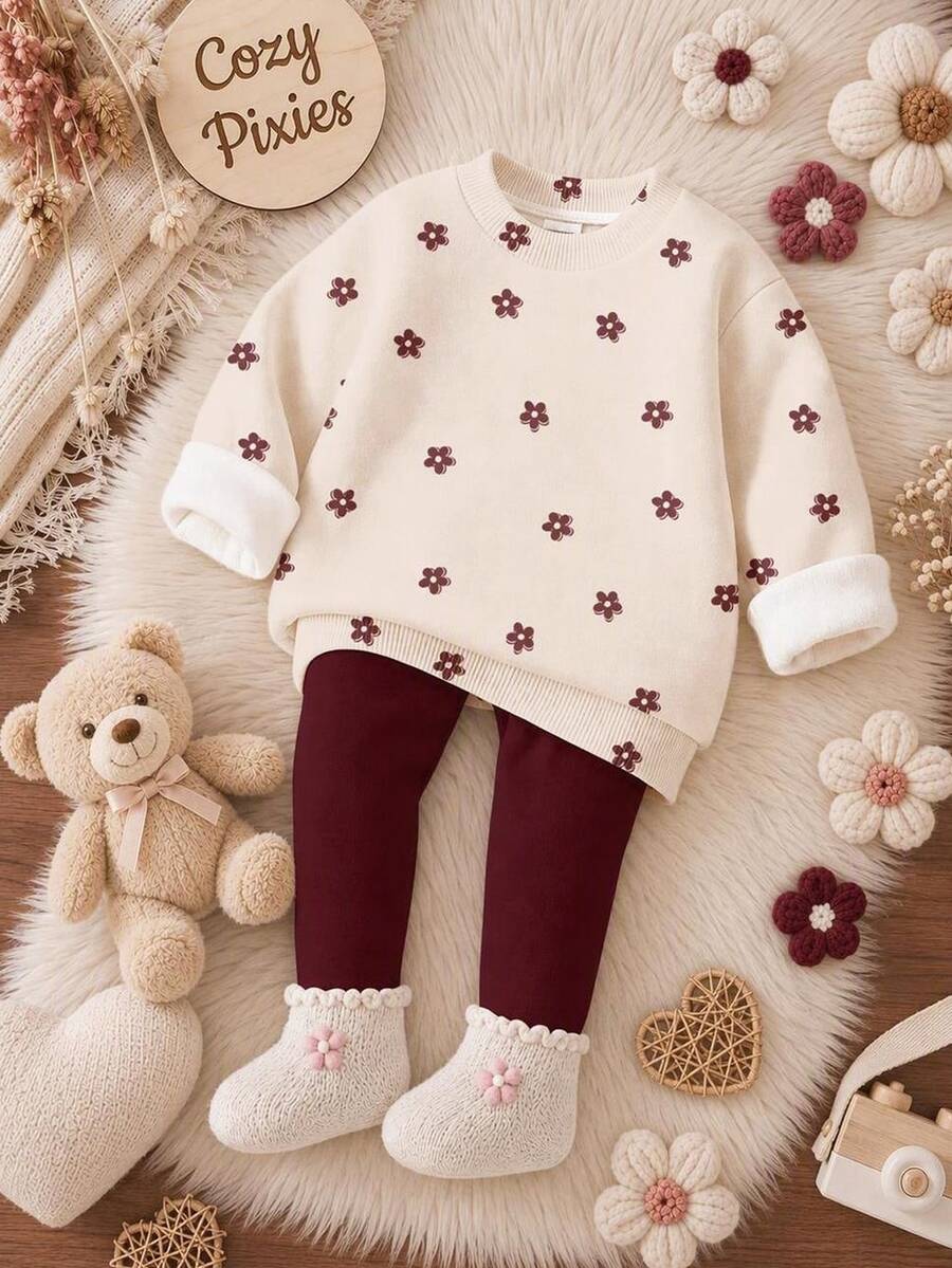 Baby Girls Versatile Cute Sweet Mini Cartoon Floral Pattern Crew Neck Sweatshirt & Brushed Leggings Set, Autumn/Winter Daily, Holiday, Christmas Outfit - Multicolor - View 1