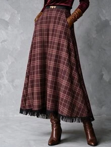 Solivie Women's Autumn Navy Blue Plaid Asymmetrical Hem Skirt - Coffee Brown - View 4