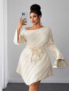 Maweii Plus Size Women's Knitted Dress, Straps, Off-Shoulder, Figure-Hugging And Sexy, Autumn/Winter - Apricot - View 1