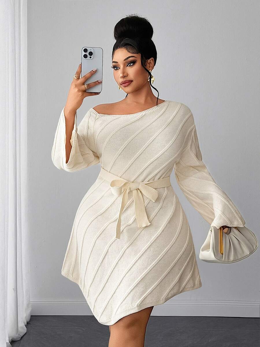 Maweii Plus Size Women's Knitted Dress, Straps, Off-Shoulder, Figure-Hugging And Sexy, Autumn/Winter - Apricot - View 1