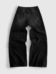ROMWE MEN Street Life Celana Jeans Pria Model Lurus dengan Motif Gothic dan Desain Lubang Kancing Tambal Sulam - Hitam - View 2