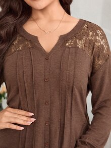Al Najma Gaun Arab Elegan Lengan Panjang Kancing Tunggal dengan Renda Kontras untuk Wanita Ukuran Plus - Coffee Brown - View 3