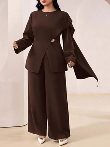 Veilorie 大尺碼女款金屬裝飾不對稱設計襯衫與長褲優雅兩件套 - 咖啡棕 - 查看 8
