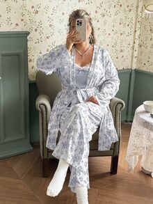 CottageSlumber Plus Size 3pcs Jacquard Belted Belted Robe & Lace Trim Cami Top & Pants Set - Blue - View 6