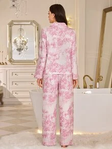 LuxeNights Minimalist Comfortable Long Sleeve Lapel Pajama Set, Vintage Artistic Print Loungewear 2 Pieces Set - Pink - View 2