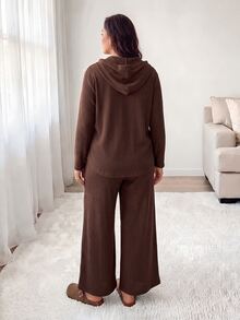 Shapeblank Women's Plus-Size Brown Two Pieces Set: Stylish, Casual Lounge Baggy, Loose-Fit, Stretchy, Warm, Comfortable Hoodie Pants Summer Thanksgiving Formal - Brown - View 3