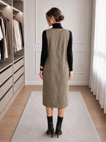 Easowa Plaid Print Split Hem Overall Dress Without Tee - Khaki - View 6