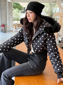 K-Vae Women's Hooded Polka Dot Padded Coat, Autumn/Winter - Black - View 7