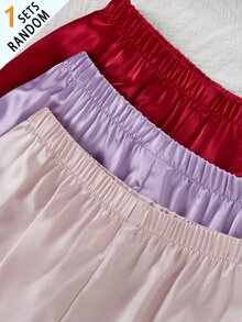 SHEIN 女童睡衣套裝，純色緞面極簡口袋愛心印花長袖開襟衫配長褲，休閒居家服，3套隨機發貨，1套驚喜盲盒 - 紫色 - 查看 5