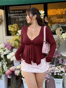GalTyme Plus Size Women's Solid Color Sweetheart Neckline Cinched Waist Ruffle Hem T-Shirt Fall - Burgundy - View 1