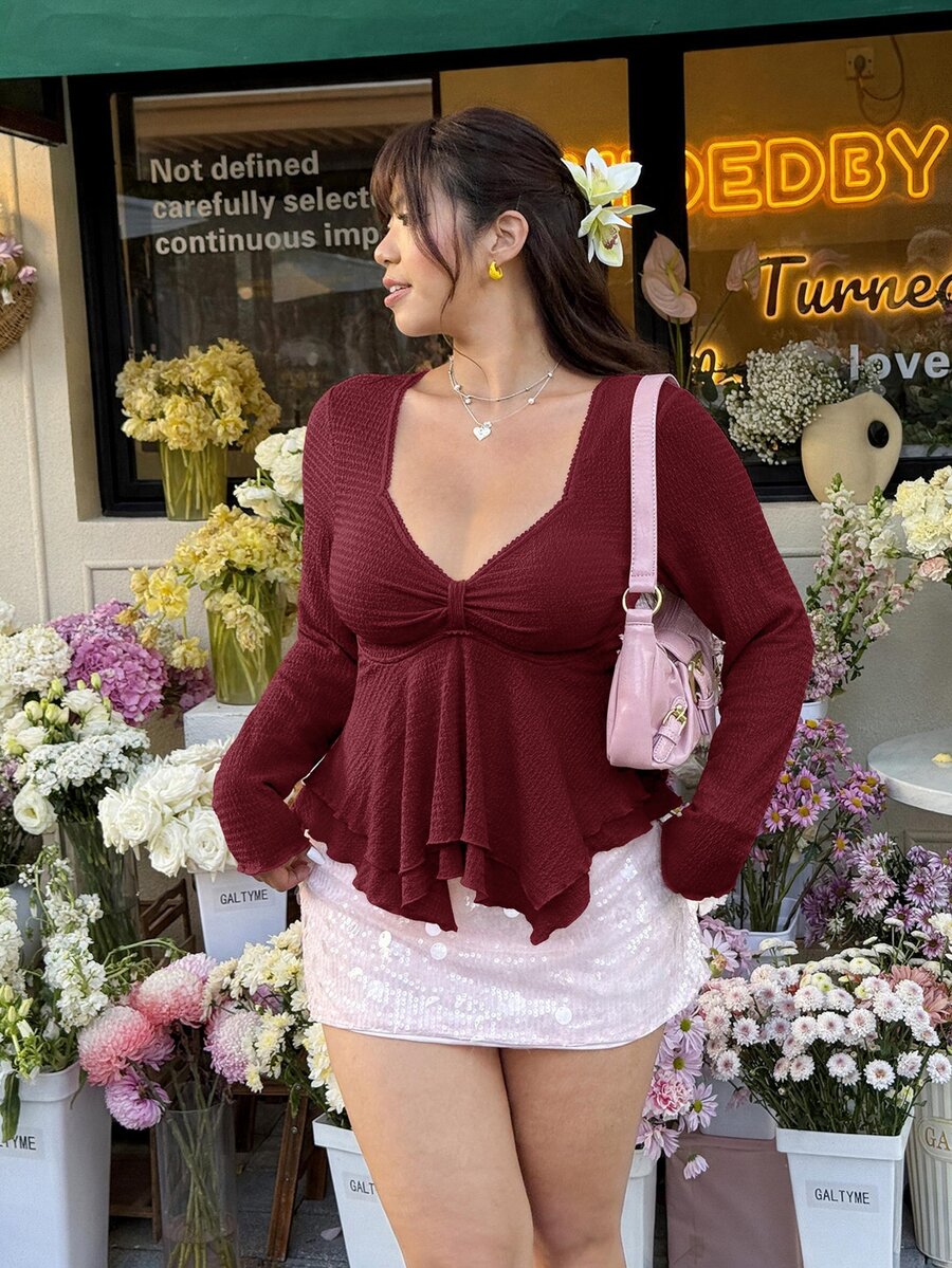 GalTyme Plus Size Women's Solid Color Sweetheart Neckline Cinched Waist Ruffle Hem T-Shirt Fall - Burgundy - View 1