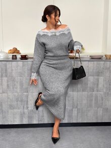 Firerie Plus Size Women's Lace Patchwork Asymmetrical Shoulder Long Sleeve Knit Dress - Grey - View 7