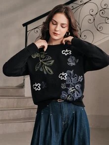 Anewsta Women's Autumn/Winter Round Neck Knitted Sweater With Jacquard Design, Premium Feel Pullover - Black - View 5