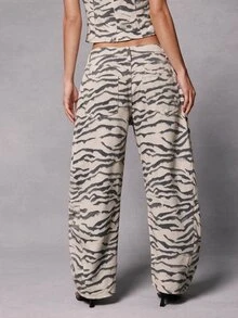 Hauture Quần jean denim ống rộng suông kẻ sọc thời trang nữ - Đen và trắng - Xem 6