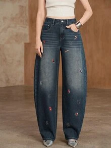 Anewsta Celana Jeans Wanita Pinggang Tinggi Motif Sobek Longgar - Biru - View 4