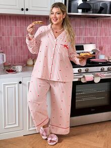 Slumberry CURVE Plus Size Women's Striped Heart Print Button Design Bow Pajama Set - Multicolor - View 3