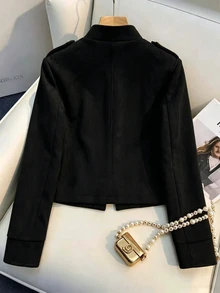 SHEIN Franclia Women Fall Winter Faux Suede Military Cropped Jacket Stand Collar Double Breasted Gold Button Shoulder Epaulets Vintage Open Front Short Coat Outerwea - Black - View 2