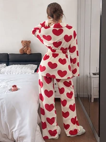 SHEIN Heart Flannel Soft & Comfortable Tie-Up Robe And Pants Loungewear Set - Multicolor - View 2