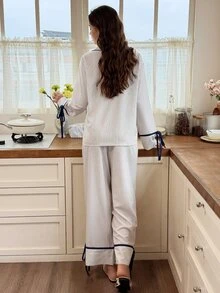 Snug Reverie Korean Style Striped Bow Pajama Set Women's Lapel Loungewear - White - View 2
