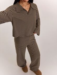 SHEIN PETITE Women's Striped Long Sleeve Top And Pants Casual Daily 2 Pieces Set - Multicolor - View 7