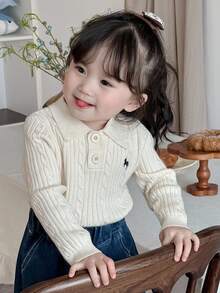 Dazy Kids Young Girl) Cute Turn-Down Collar POLO Neck Fitted Long Sleeve Autumn Sweater - Beige - View 3