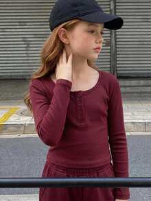 DAZY Tween Girl) Red Fitted Long Sleeve Half-Placket Inner Layer Crew Neck T-Shirt, Autumn - Burgundy - View 5