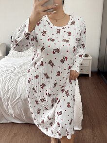 Napfluff CURVE Napfluff CURVE Cute Christmas Hat & Teddy Bear Print Skin-Friendly Fleece Ribbed Crew Neck Long Sleeve Plus Size Nightgown - White - View 4