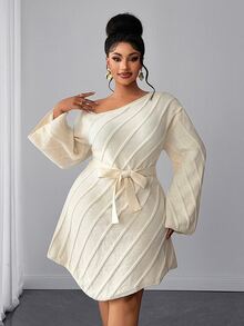 Maweii Plus Size Women's Knitted Dress, Straps, Off-Shoulder, Figure-Hugging And Sexy, Autumn/Winter - Apricot - View 2