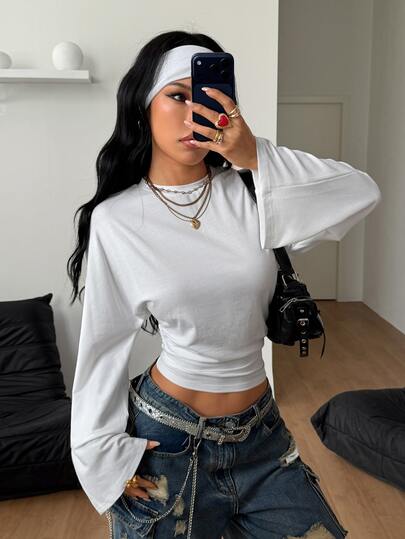 Coolane Women's All-Season Fall Going Out Casual Daily Wear Basic Chic Preppy Minimalist 34%Cotton Comfortable Waist-Cinched White Fitted Tees Fall For Women