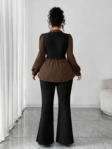 Elenzga Plus Size Casual Versatile Commute Patchwork Striped 2 In 1 Shirt And Versatile Minimalist Flared Long Pants Two Pieces Set - Brown - View 2