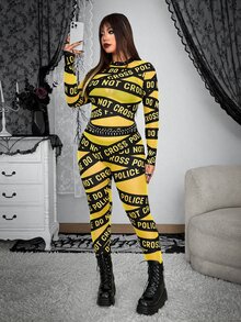 Whyspr-D Plus Size Women's Street Bold Avant-Garde Casual Punk Fashion English Letter Print Leggings, High Elasticity, Halloween Music Festival Cosplay Costume - Multicolor - View 4