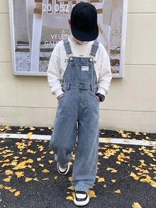 SHEIN Tween Boy Fashion Casual Label Blue Loose And Comfortable Backtie Jeans For Cool - Blue - View 1