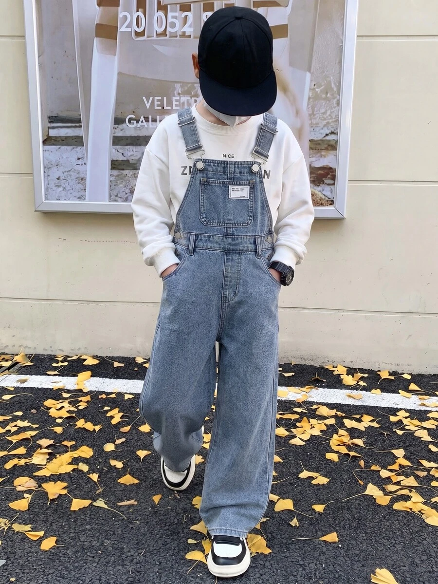 SHEIN Tween Boy Fashion Casual Label Blue Loose And Comfortable Backtie Jeans For Cool - Blue - View 1