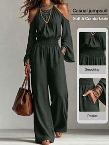 Omancia Women's Cold Shoulder Cinched Waist Daily Jumpsuit - Dark Green - View 4