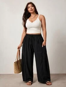 Enliva Plus Size Cotton Blend Drawstring Loose Pants With Pockets Compatible With Apple Body Round Body - Black - View 6