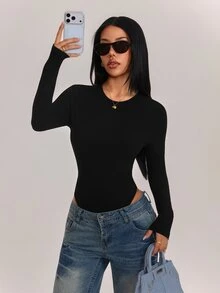 SHEIN PETITE 女款純色休閒日常長袖連身衣 - 黑色 - 查看 5