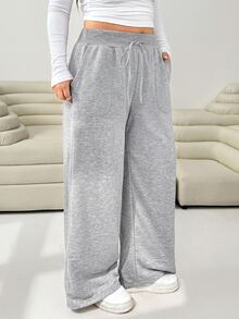 Solflare Plus Size Women's Drawstring Waist Pocket Loose Straight Leg Pants - Grey - View 4