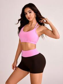 Easithlete Women's Solid Color Sports Bra And Two-Tone Cycling Shorts Set, Suitable For Equestrian And Cycling - Pink - View 5