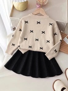 Baby Girl Round Neck Bow Faux Pearl Button Decor Long Sleeve Sweater And Autumn Skirt Set - Khaki - View 2