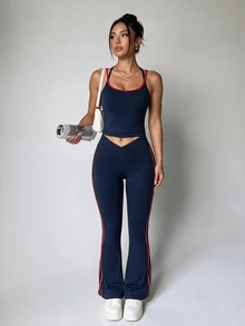 Dewbera Dewbera Women's High Elasticity Colorblock 2 Pieces Sports Set, 2 In 1 Yoga Workout Running - Navy Blue - View 1